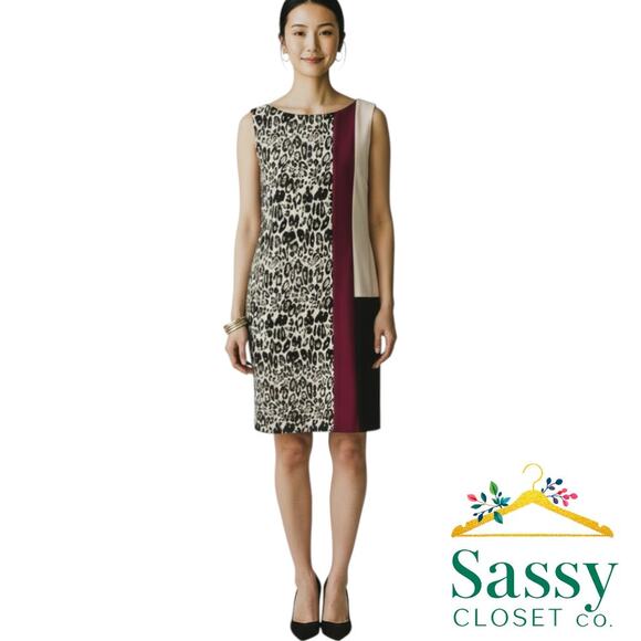 Ann Taylor Sleeveless Animal Print Colorblock Sheath Dress 12P EUC - Picture 6 of 9